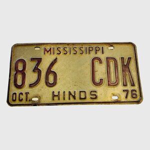 Old Antique Vintage Mississippi License Plate Car Tag 1976 Hinds County Mancave